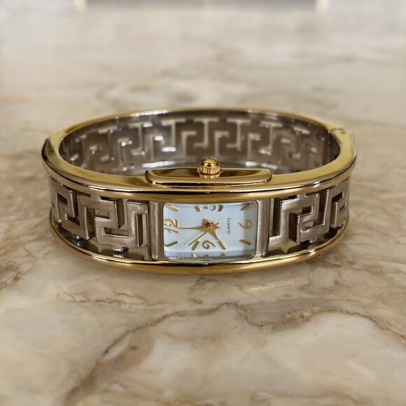 Greek Key Gold & Silver Tone Cuff Hinged Bangle Watch - Picture 6 of 12